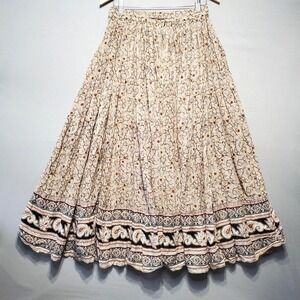VTG Boho Floral Maxi Peasant Skirt Womens M Beige Cotton Cottagecore Prairie